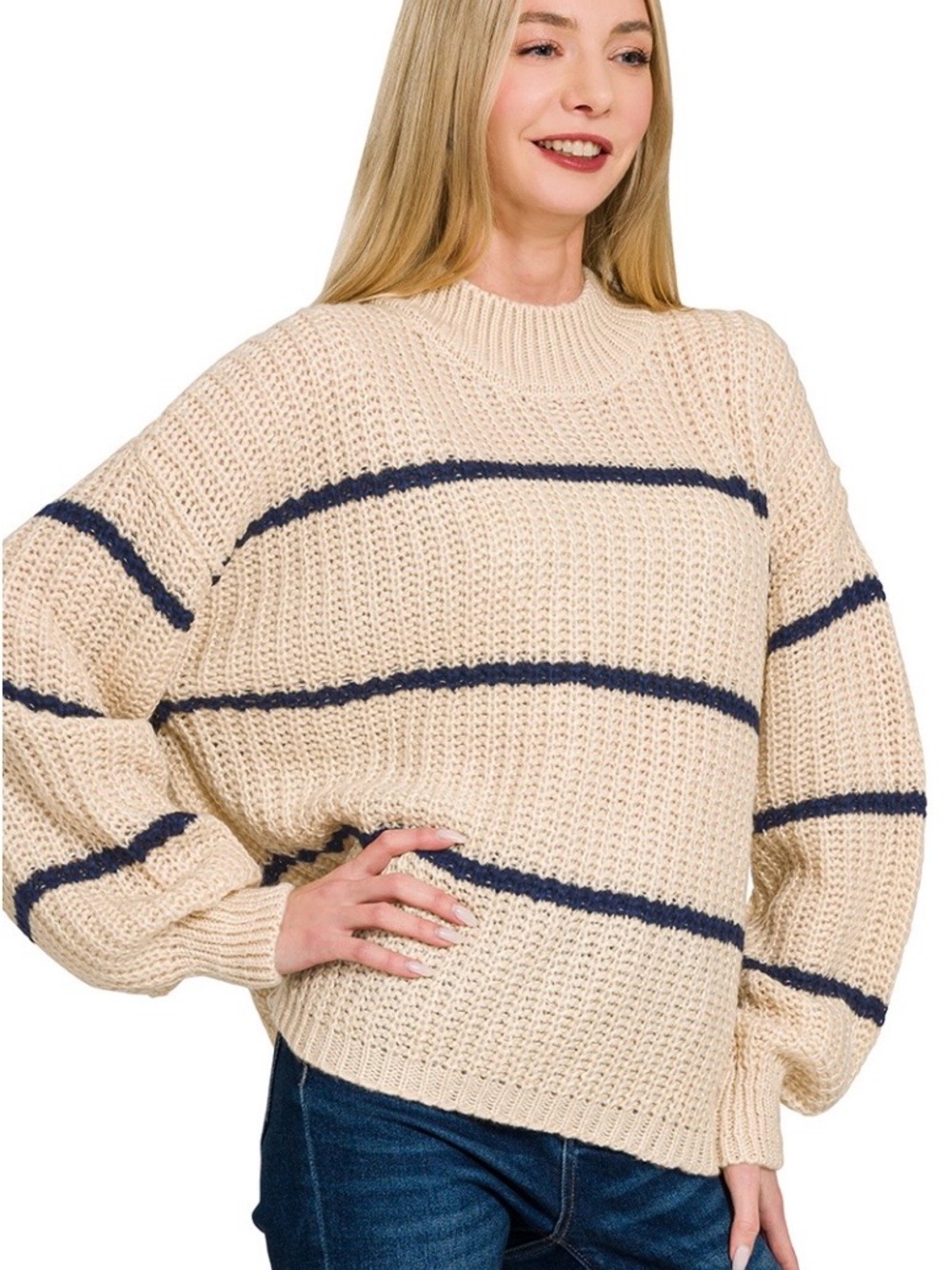 Zenana Outfitters Cream and Navy Striped Crew Sweater